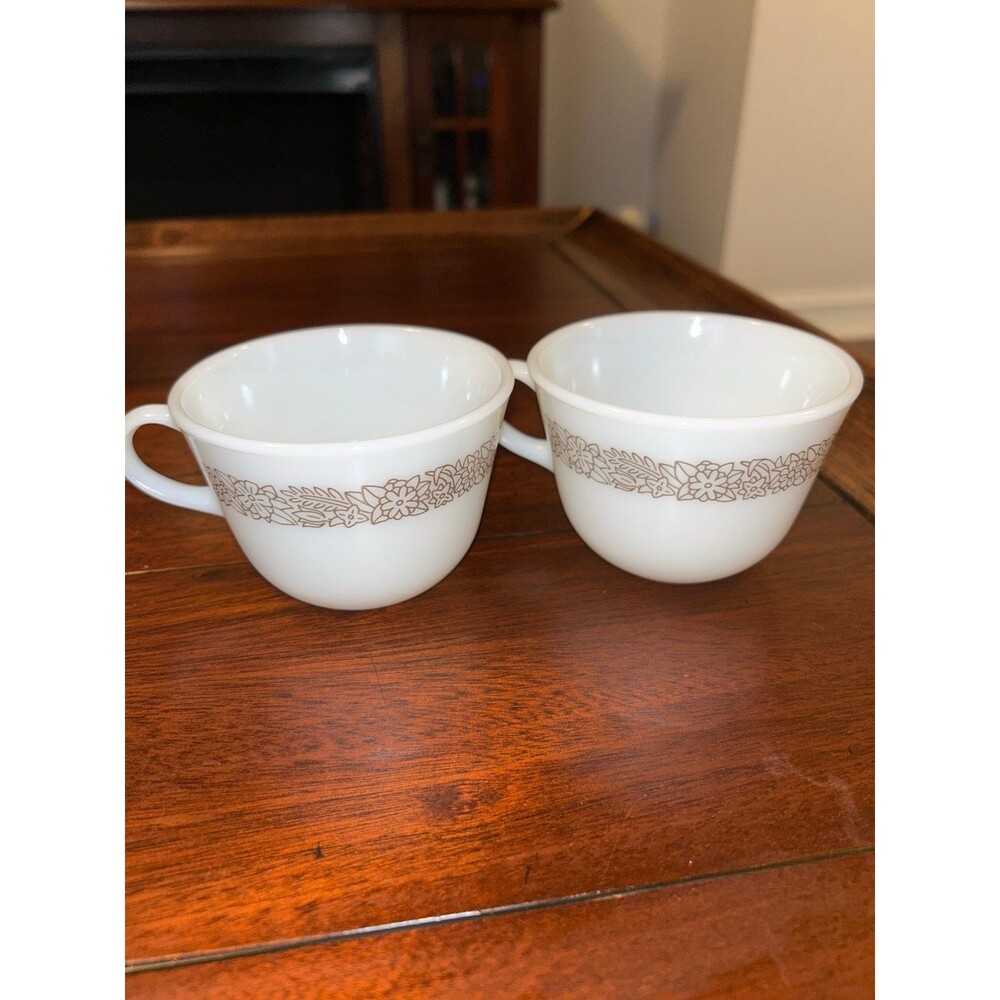 2 Vintage Pyrex Woodland Brown Floral White Milk Glass Coffee Tea Cups